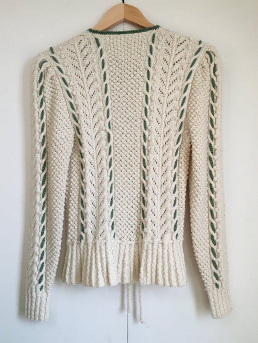Vintage Hand-Knit Peplum Cardigan Sweater S Cream Sage Green Cable Whimsigoth - Picture 3 of 16